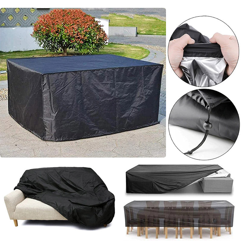 Schwarze Terrassenmöbelabdeckung mit Detailansichten von Innenbeschichtung und Zugband.