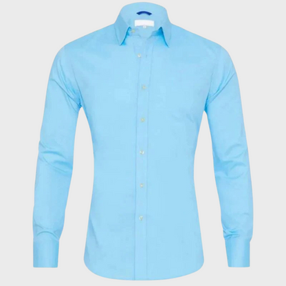 Hellblaues Herrenhemd, langärmelig, Baumwolle, klassischer Kragen, Businessmode.