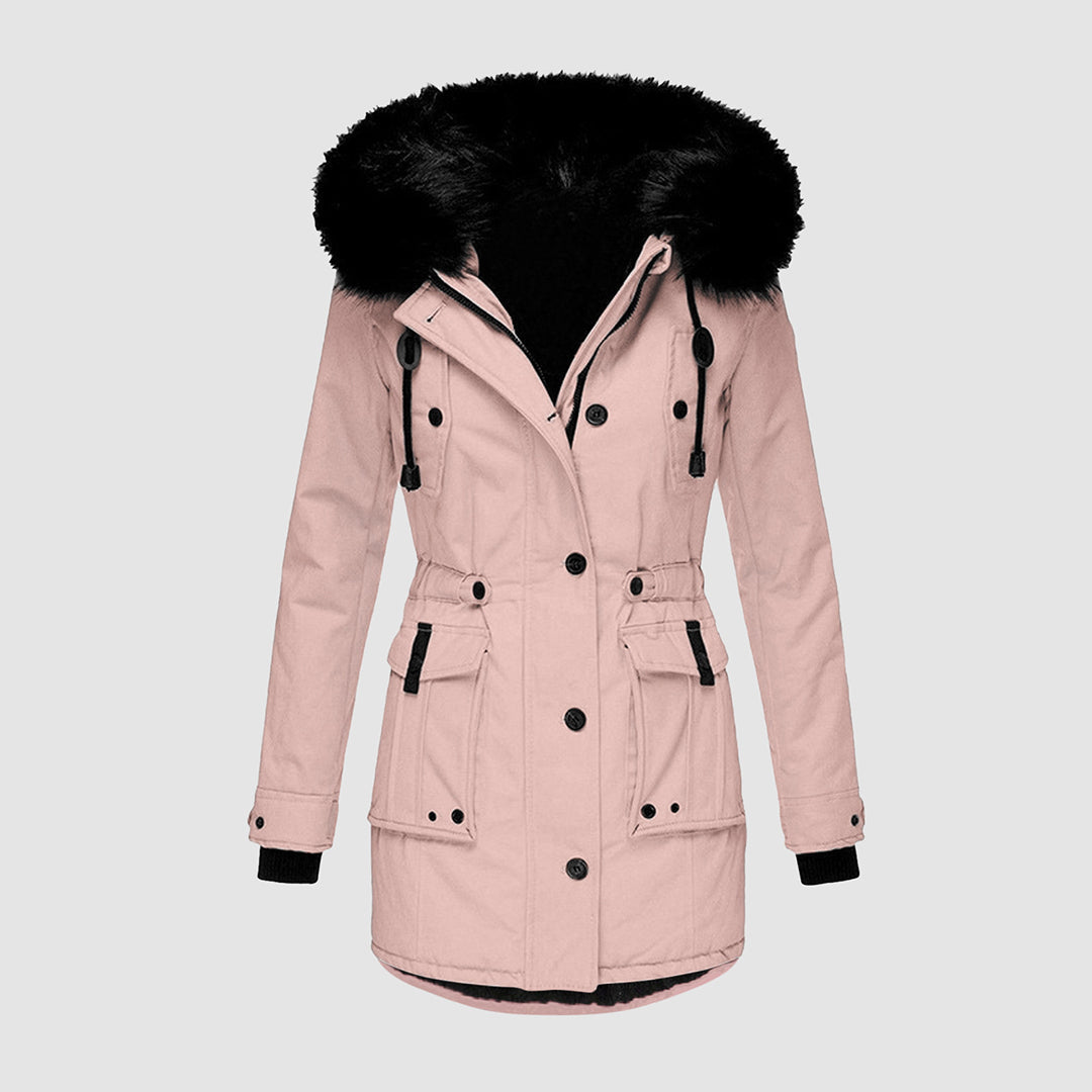 Rosa Damen-Wintermantel mit Kapuze, Fellbesatz, Knöpfen, Taschen, warm, modisch.