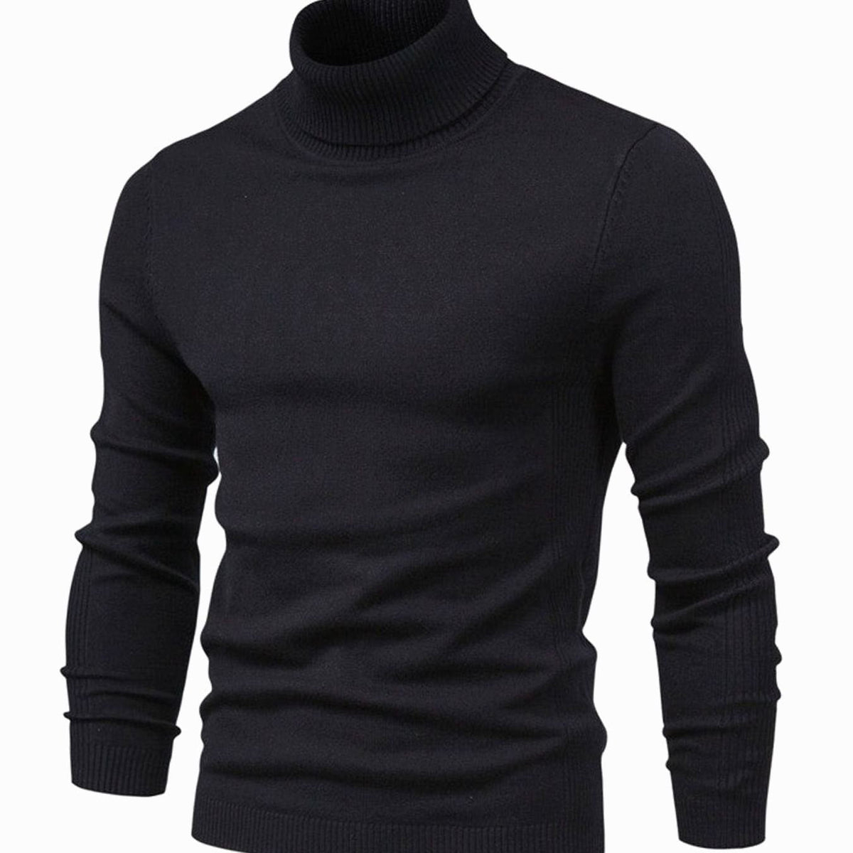 Schwarzer Strickpullover mit hohem Rollkragen in der Schrägansicht, Rippenbündchen an Saum und Ärmeln 2