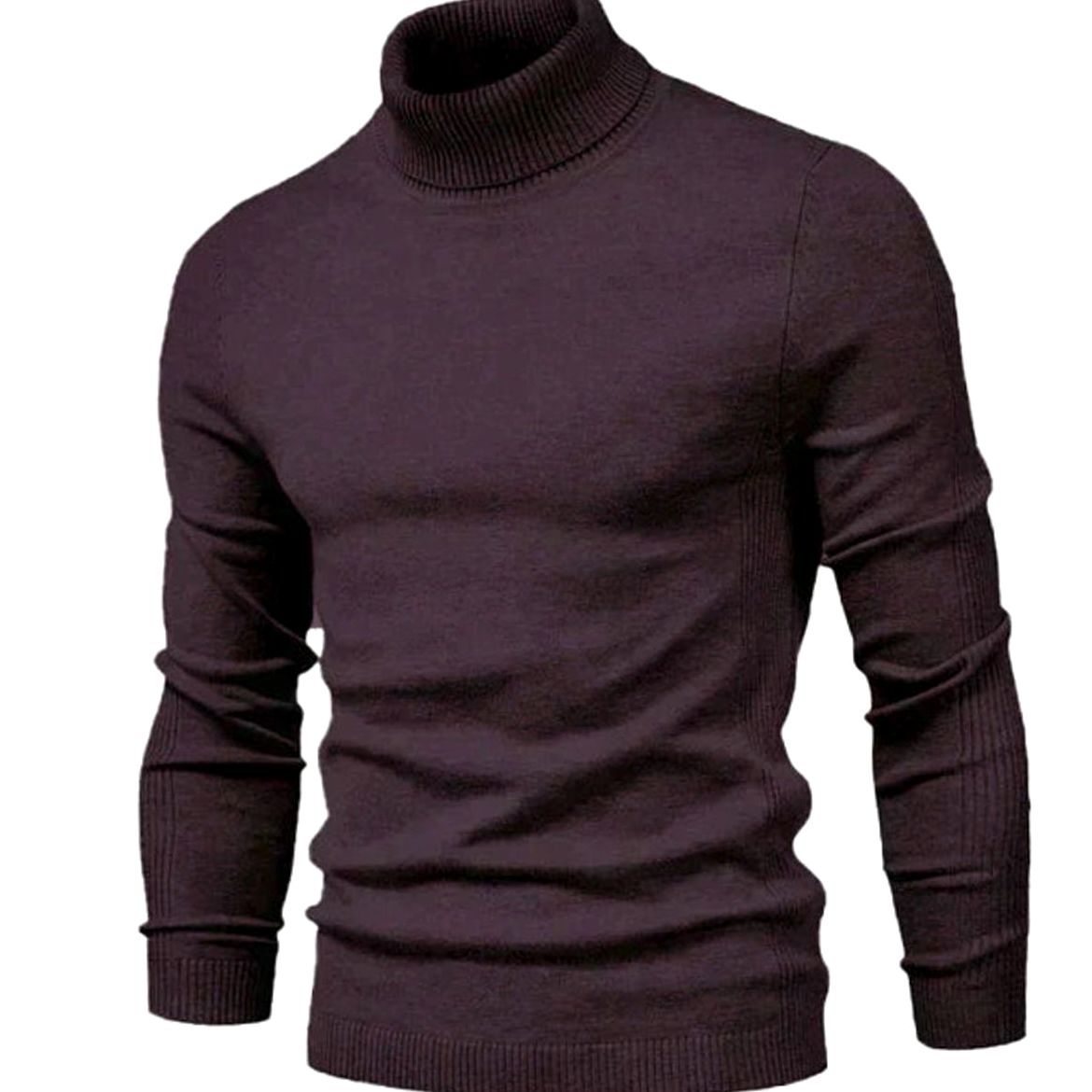 Dunkellila Rollkragenpullover in der Schrägansicht, eng anliegend geschnitten, mit gerippten Ärmelbündchen und Saum 4