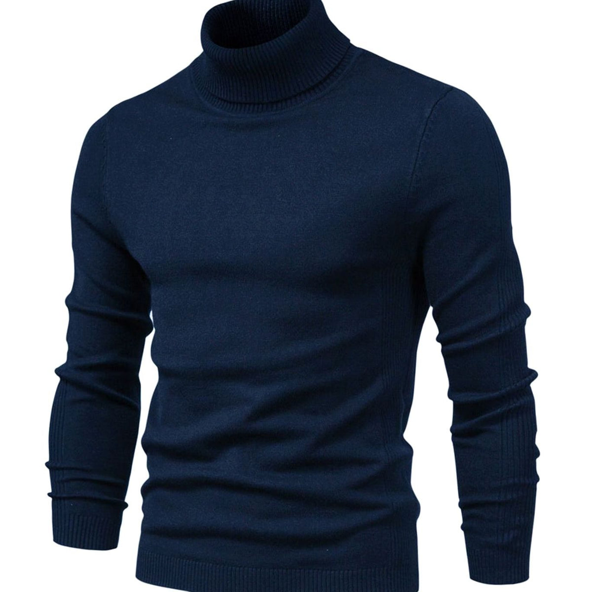 Marineblauer Rollkragenpullover in der Schrägansicht, körpernah geschnitten, mit gerippten Bündchen an Saum und Ärmeln 7