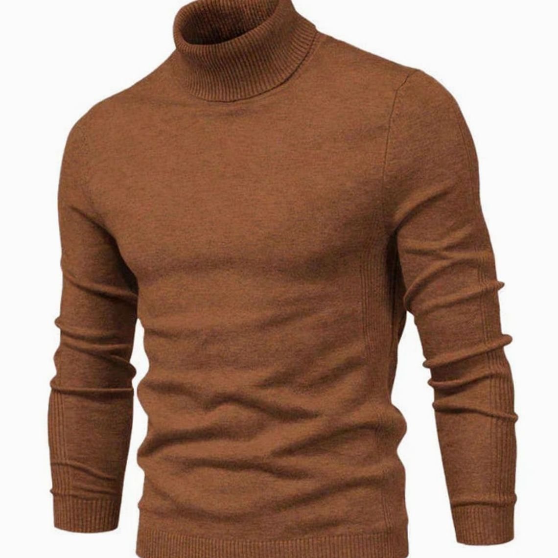 Brauner Rollkragenpullover aus Strick, schräg von vorn, mit Rippenbündchen und eng anliegenden langen Ärmeln 8