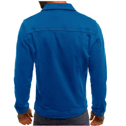 Blauer Herren-Slim-Fit-Jacke, langärmelig, mit Knöpfen, aus Baumwolle, Rückansicht.