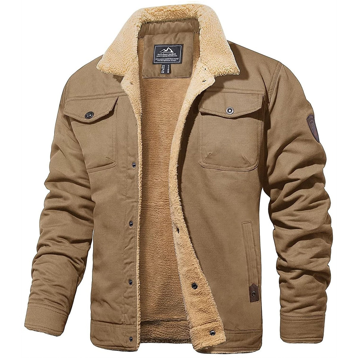 Braune Herren-Bomberjacke mit Teddyfutter, Knopfleiste, zwei Brusttaschen, Wintermode.