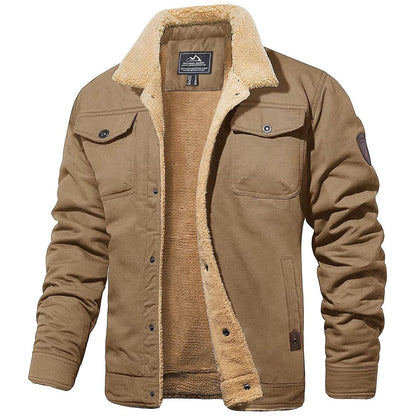 Braune Herren-Bomberjacke mit Teddyfutter, Knopfleiste, zwei Brusttaschen, Wintermode.