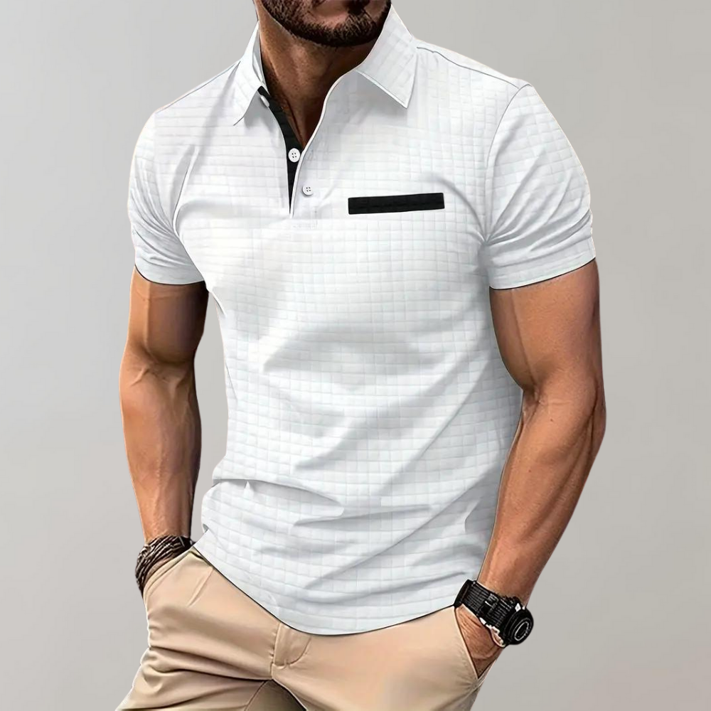 Herren-Poloshirt weiß kariert, Kurzarm, Baumwolle, modisch, Freizeitkleidung, Sommermode.