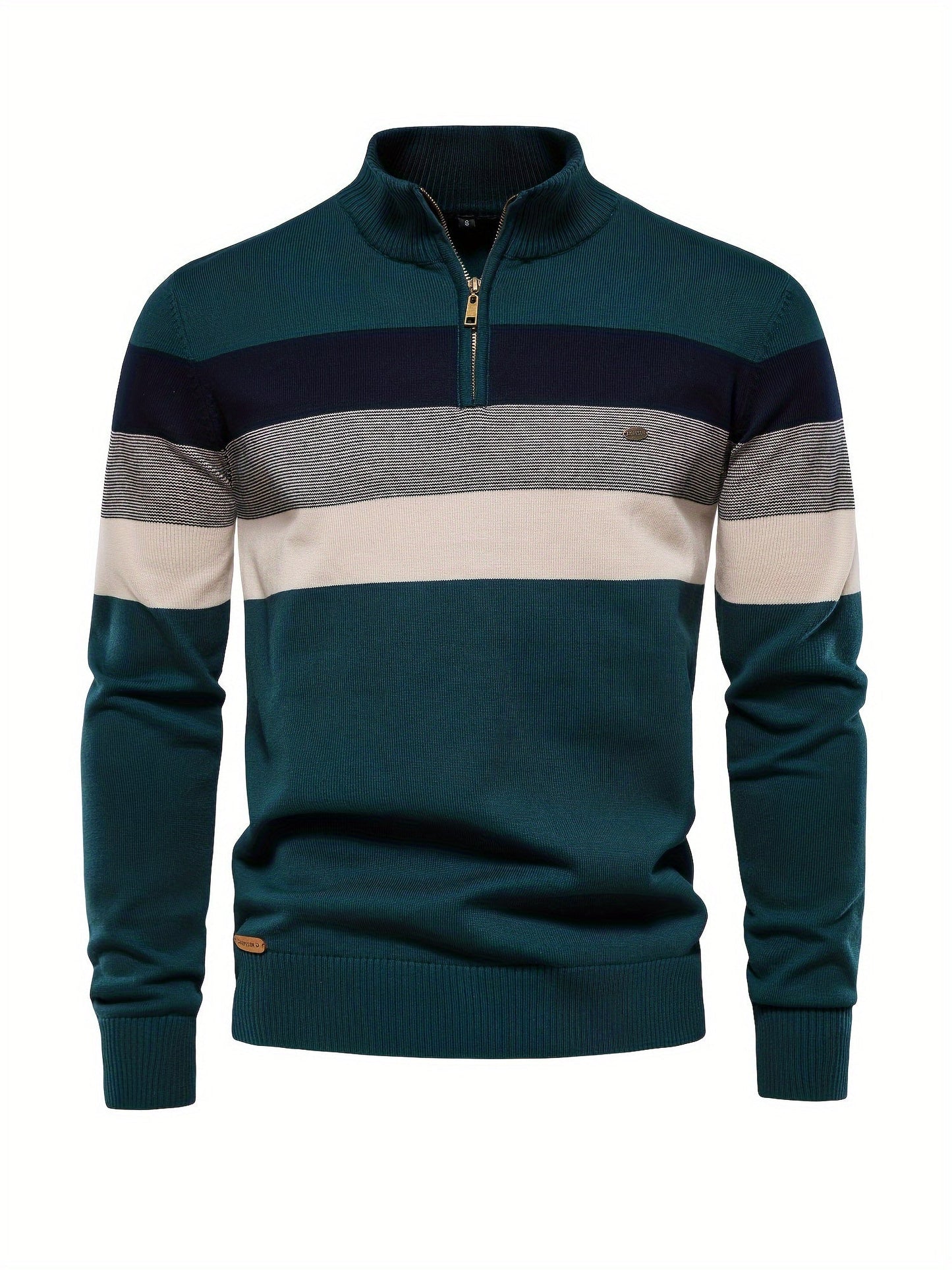 Grüner Herrenpullover mit Reißverschluss, gestreift, Baumwolle, modisch, bequem, Herbstmode.