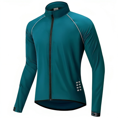 Grüne Herren-Radjacke, langärmelig, winddicht, atmungsaktiv, mit Reißverschluss.