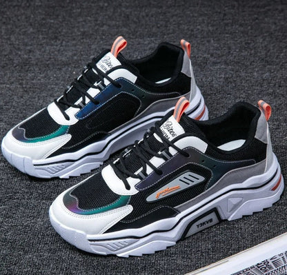 Modische schwarze und weiße Sneaker, atmungsaktiv, sportlich, Herren, bequem, Straßenstil.