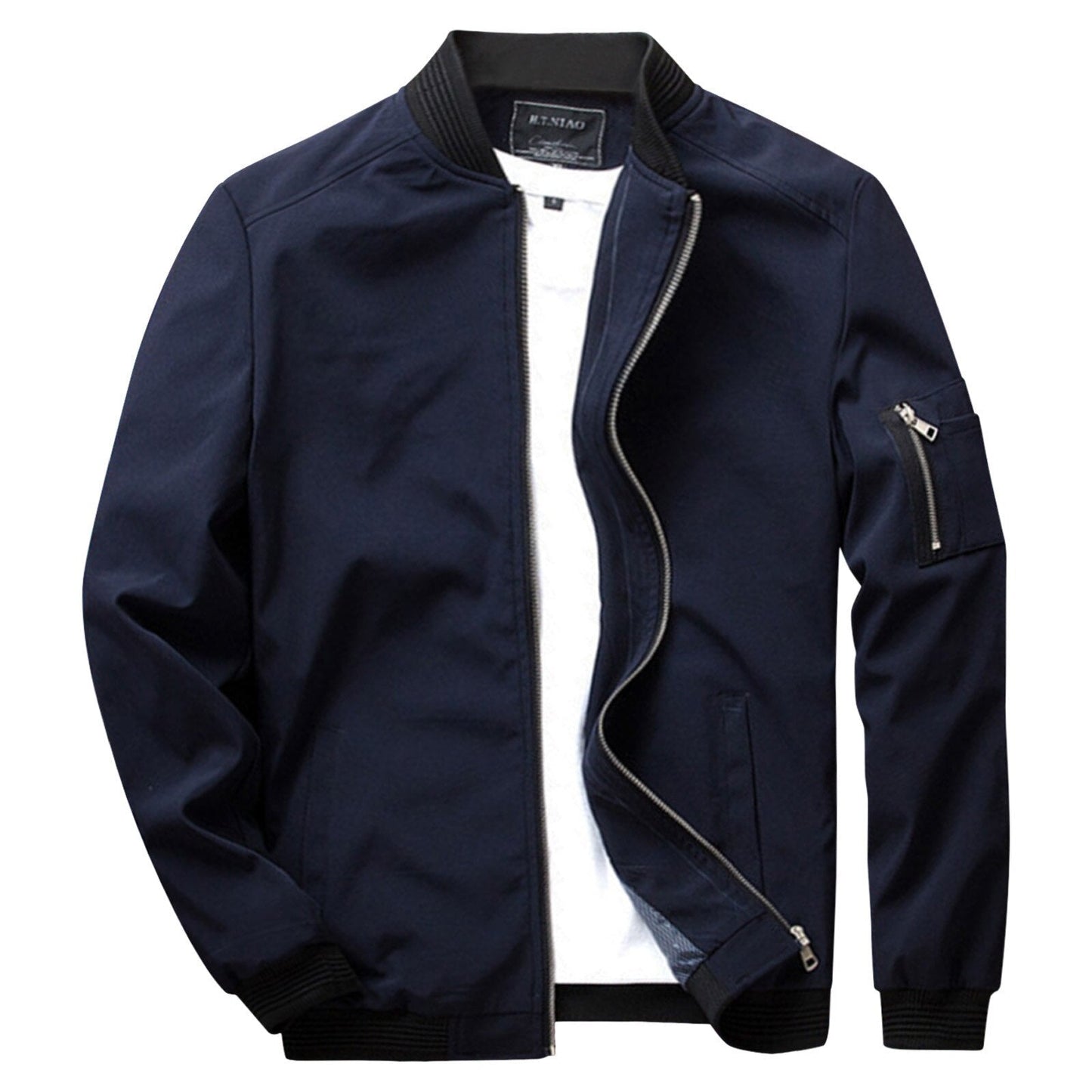 Dunkelblaue Herren-Sommerjacke, Reißverschluss, Bomberstil, modisch, leicht, Baumwolle.