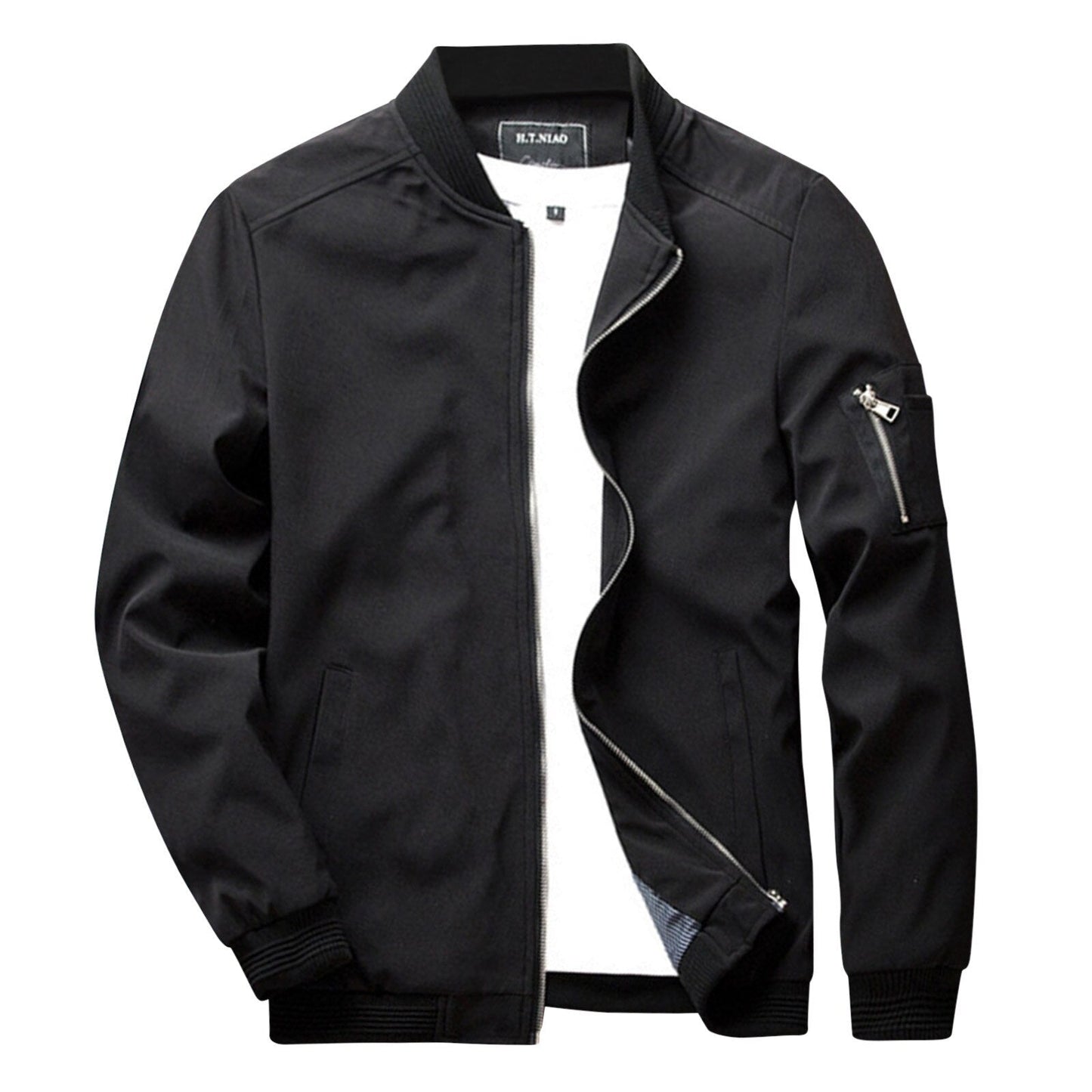 Schwarze Herren-Sommerjacke, Reißverschluss, Bomberstil, leicht, modisch, Freizeitkleidung.
