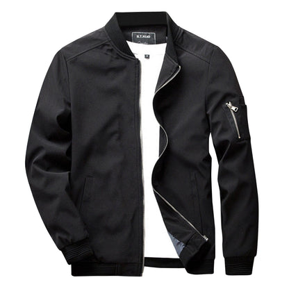 Schwarze Herren-Sommerjacke, Reißverschluss, Bomberstil, leicht, modisch, Freizeitkleidung.