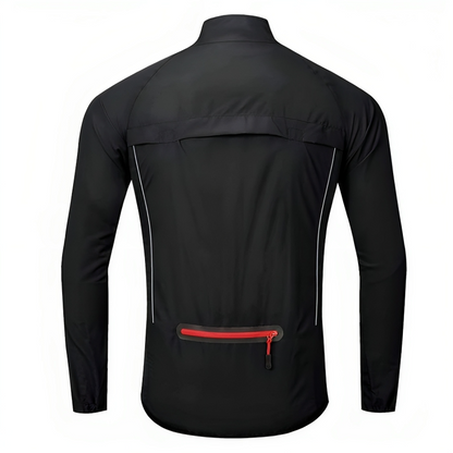 Schwarze Herren-Radjacke mit rotem Reißverschluss, atmungsaktiv, wasserabweisend.