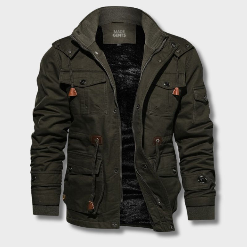 Olivgrüne Herrenjacke aus Baumwolle, Survival-Stil, mit Kapuze und Taschen.