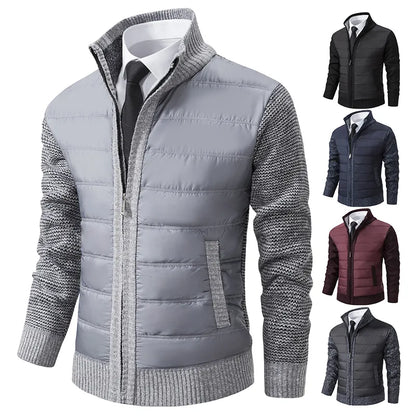 Graue Herrenjacke, gesteppt, mit Strickärmeln, modisch, warm, Herbst-Winter, casual.