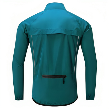 Türkise Herrenjacke, wasserabweisend, mit Reißverschlusstasche, ideal für Outdoor-Aktivitäten.