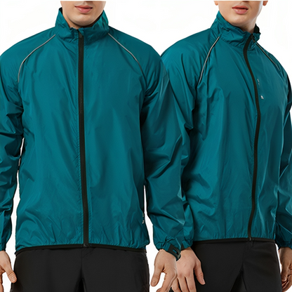 Zwei blaue Windjacken für Herren, wasserabweisend, mit Reißverschluss, ideal für Outdoor-Aktivitäten.
