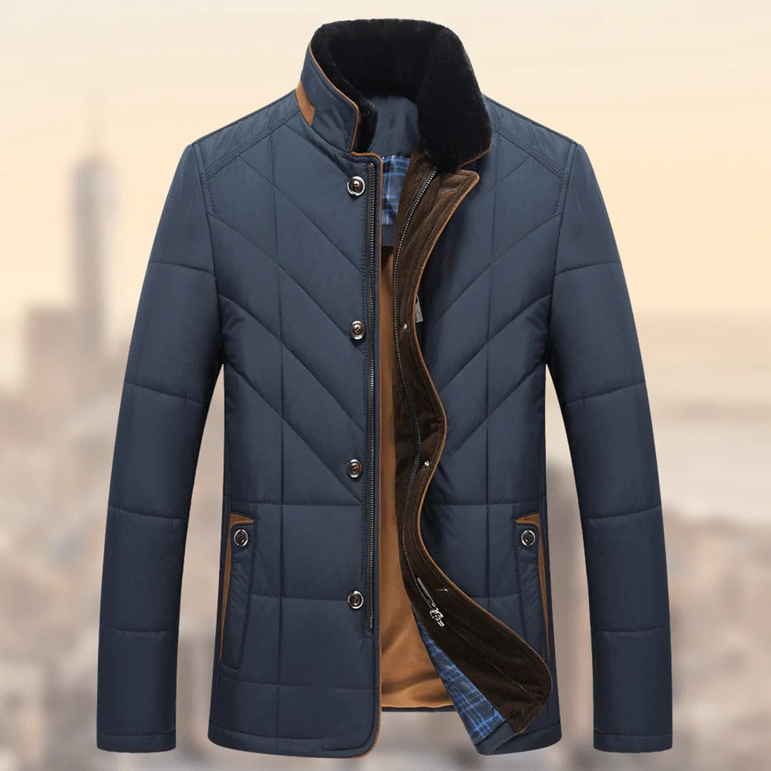 Dunkelblaue Herren-Winterjacke, gesteppt, mit Stehkragen und Knopfleiste, elegant und warm.