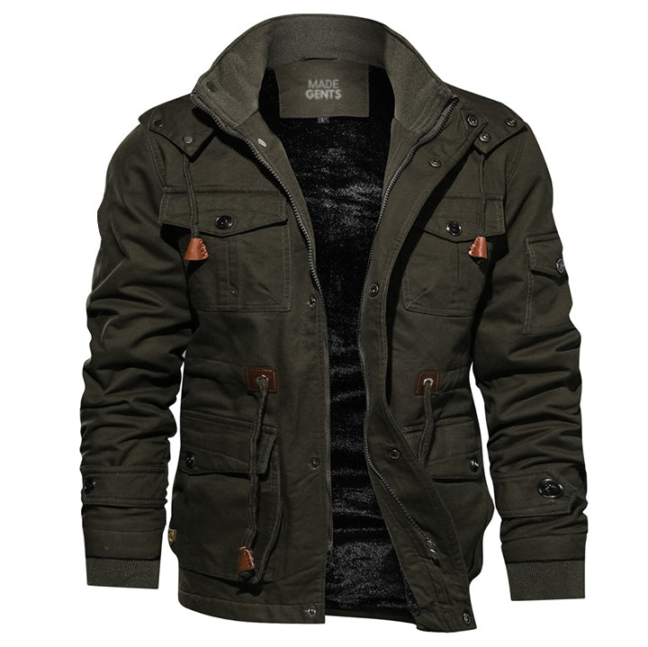 Dunkelgrüne Herrenjacke, Baumwolle, mit Kapuze, Taschen, Reißverschluss, Herbstmode.