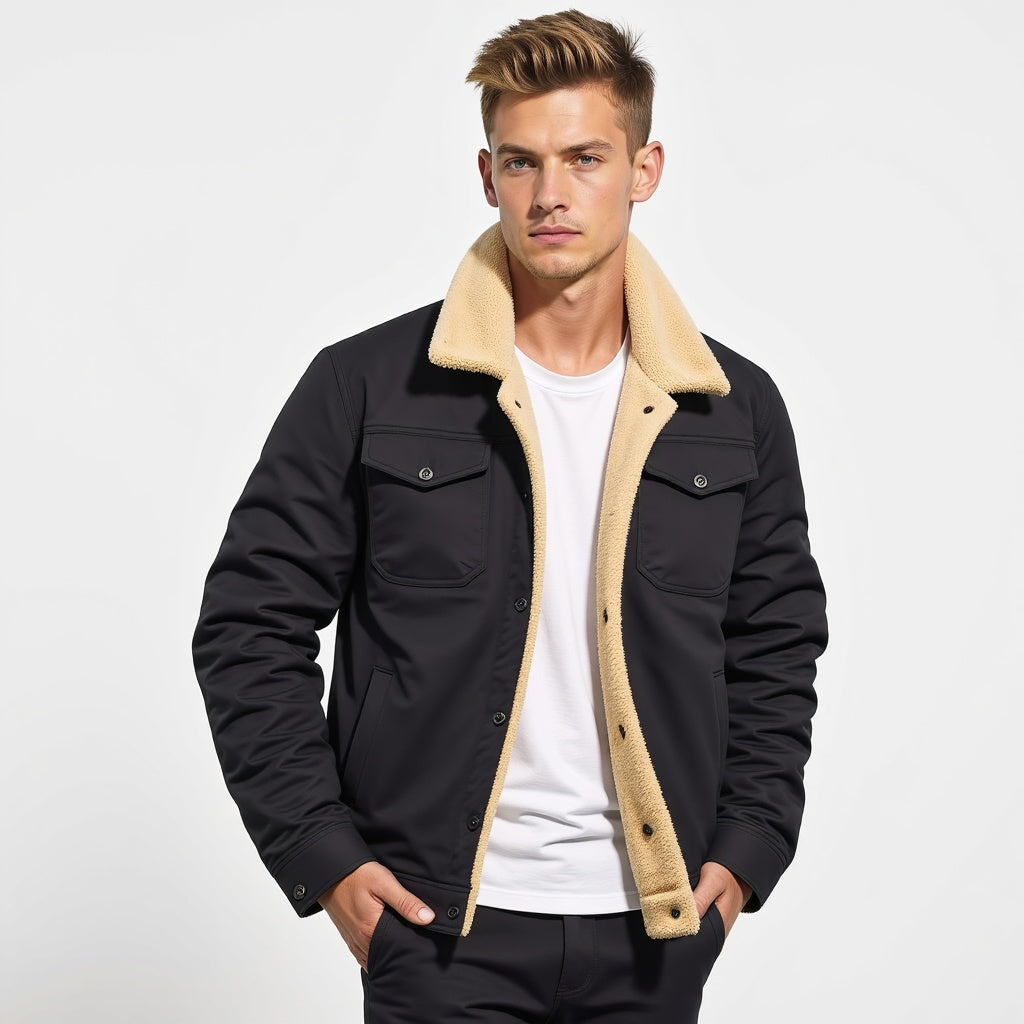 Mann trägt schwarze Jacke mit beigem Futter, modische Herrenbekleidung, Herbstmode.