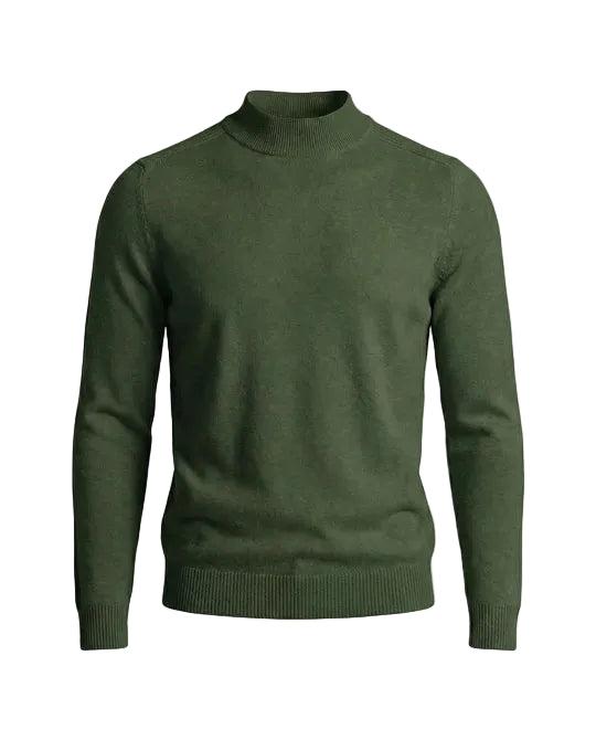 Dunkelgrüner Strickpullover mit Stehkragen und Rippbündchen in der Frontansicht auf weißem Hintergrund 5
