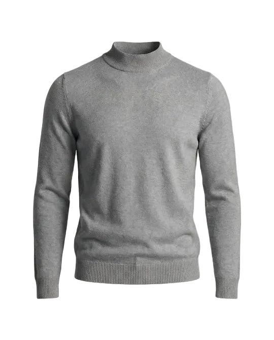 Grauer Strickpullover mit Stehkragen und gerippten Bündchen, von vorn freigestellt 6