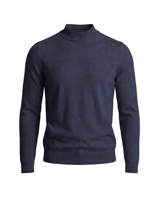 Marineblauer Strickpullover mit Stehkragen und Rippbündchen, frontal auf weißem Hintergrund 7
