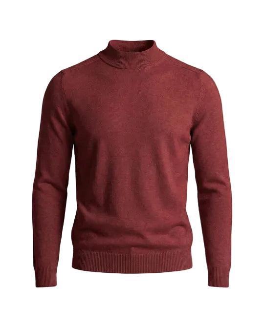 Rotbrauner Strickpullover mit Stehkragen und Rippbündchen in der Frontansicht, freigestellt 8
