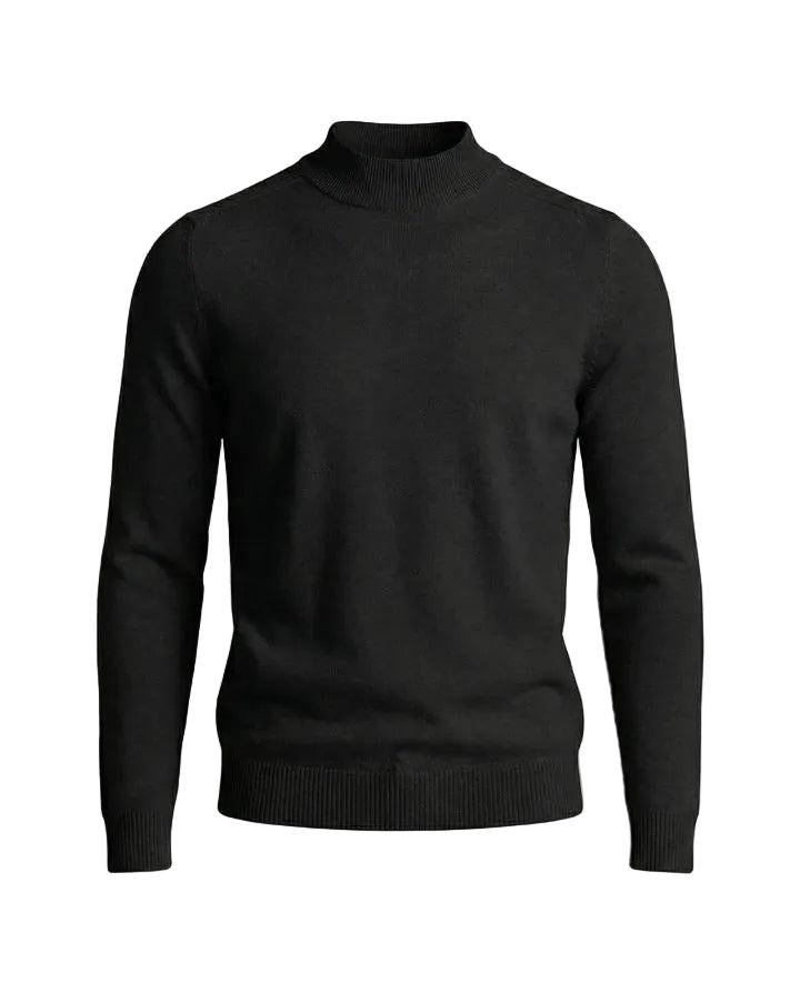 Schwarzer Strickpullover mit Stehkragen und gerippten Bündchen, frontal auf weißem Hintergrund 9