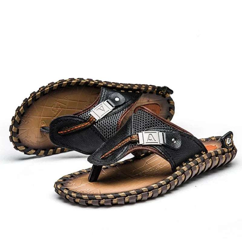 Herren-Sandalen, schwarz, Leder, Sommer, Outdoor, Strand, Größe 38-47, handgefertigt.