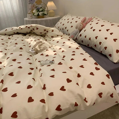 Herzmotiv Bettwäsche-Set, cremefarben, Baumwolle, Doppelbett, romantisches Schlafzimmer-Dekor.