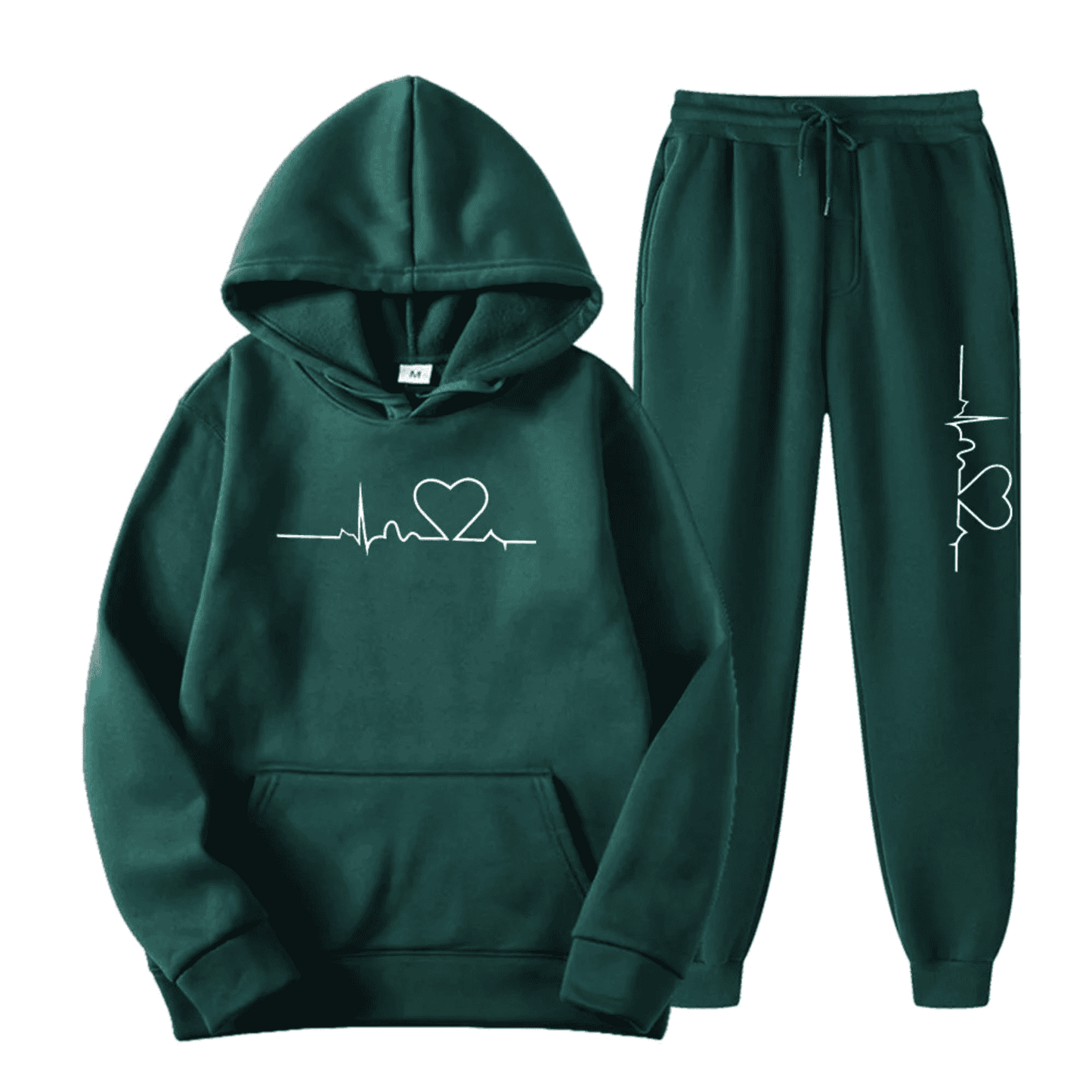 Dunkelgrüner Hoodie und Jogginghose Set mit Herz-EKG-Design, Unisex, Baumwolle.