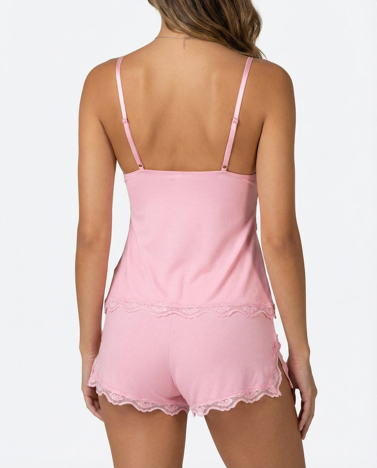 Rückansicht in Rosa mit verstellbaren Trägern, Spitzensaum am Top und Seitenschlitz an den Shorts 4