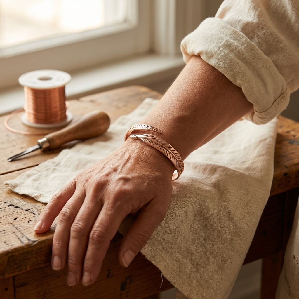 Handgelenk einer Person mit dem Kupferarmband mit Federgravur, die Hand ruht auf einem Leinentuch, daneben Kupferdraht und Werkzeug. 2