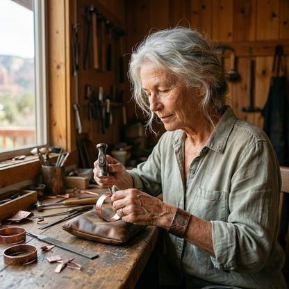 Ältere Handwerkerin mit grauem Haar hämmert in ihrer Werkstatt an einem Kupferarmband, auf der Werkbank liegen Werkzeuge und weitere Armreife. 5