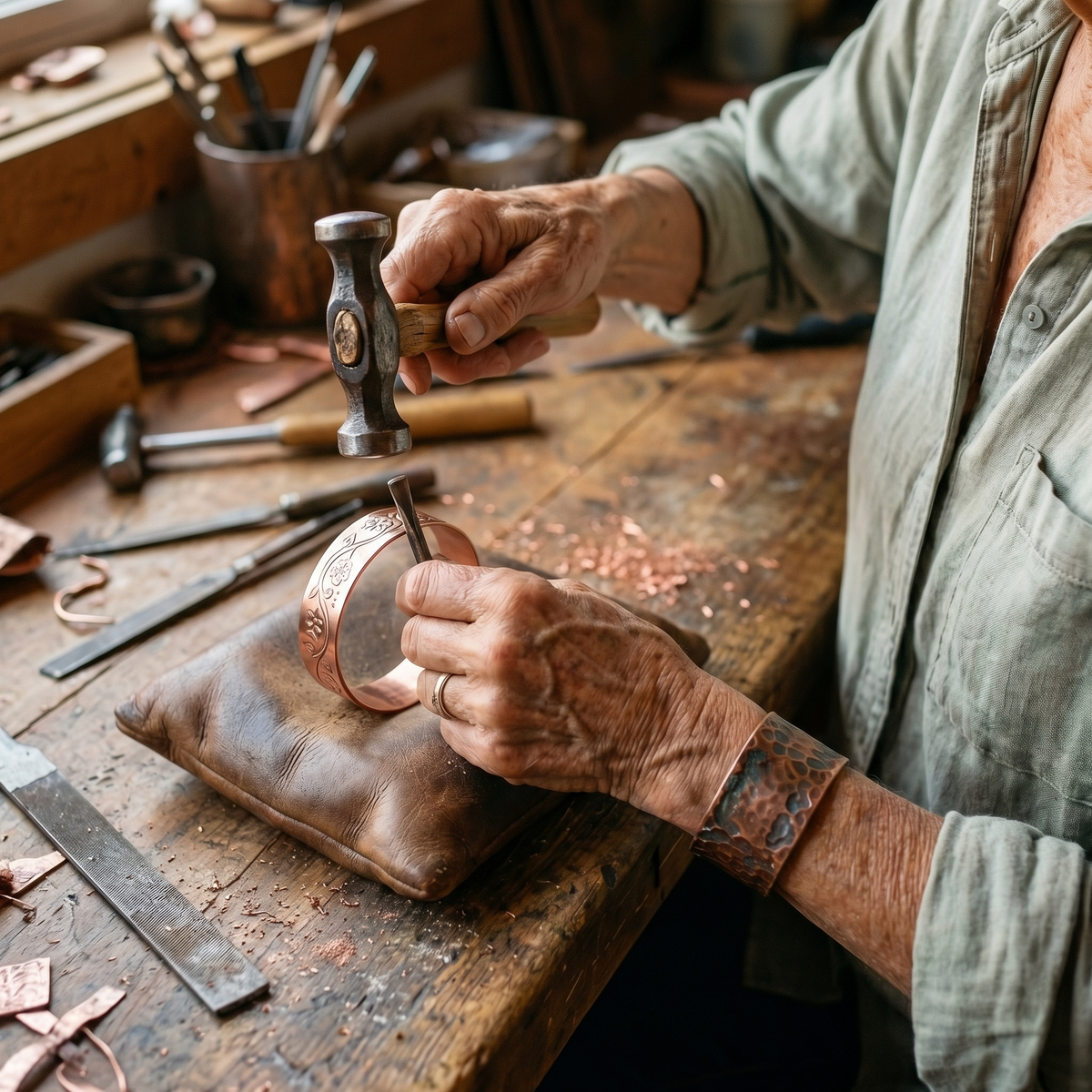 Handwerker graviert mit Hammer und Meißel Blumenranken in ein Kupferarmband auf einem Lederkissen 4