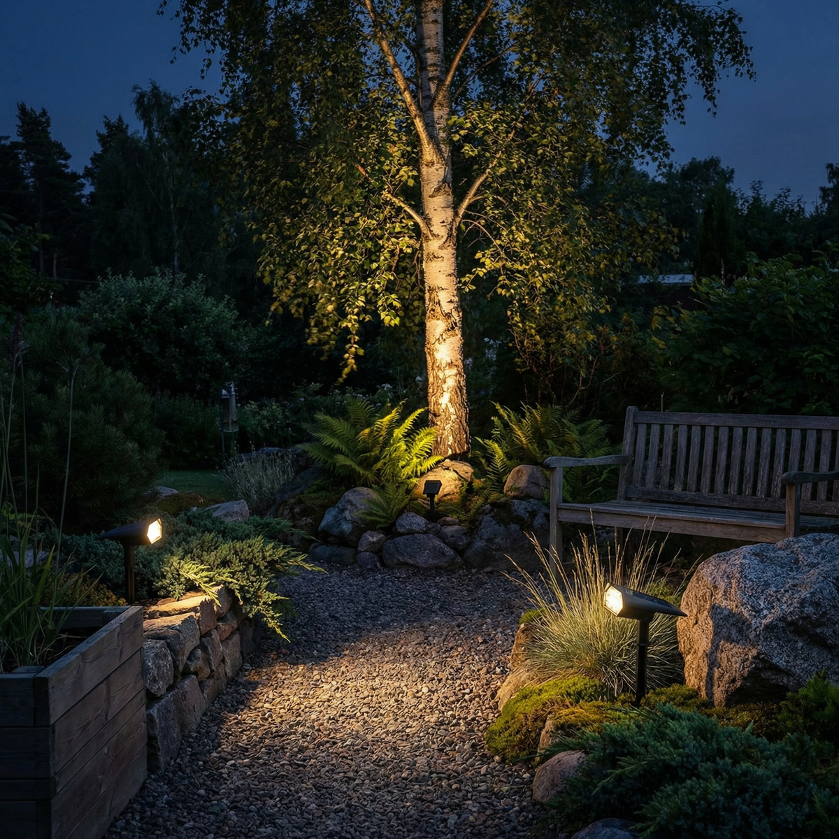 Drei leuchtende Strahler im abendlichen Garten beleuchten Birke, Kiesweg, Steinmauer und eine Holzbank 2