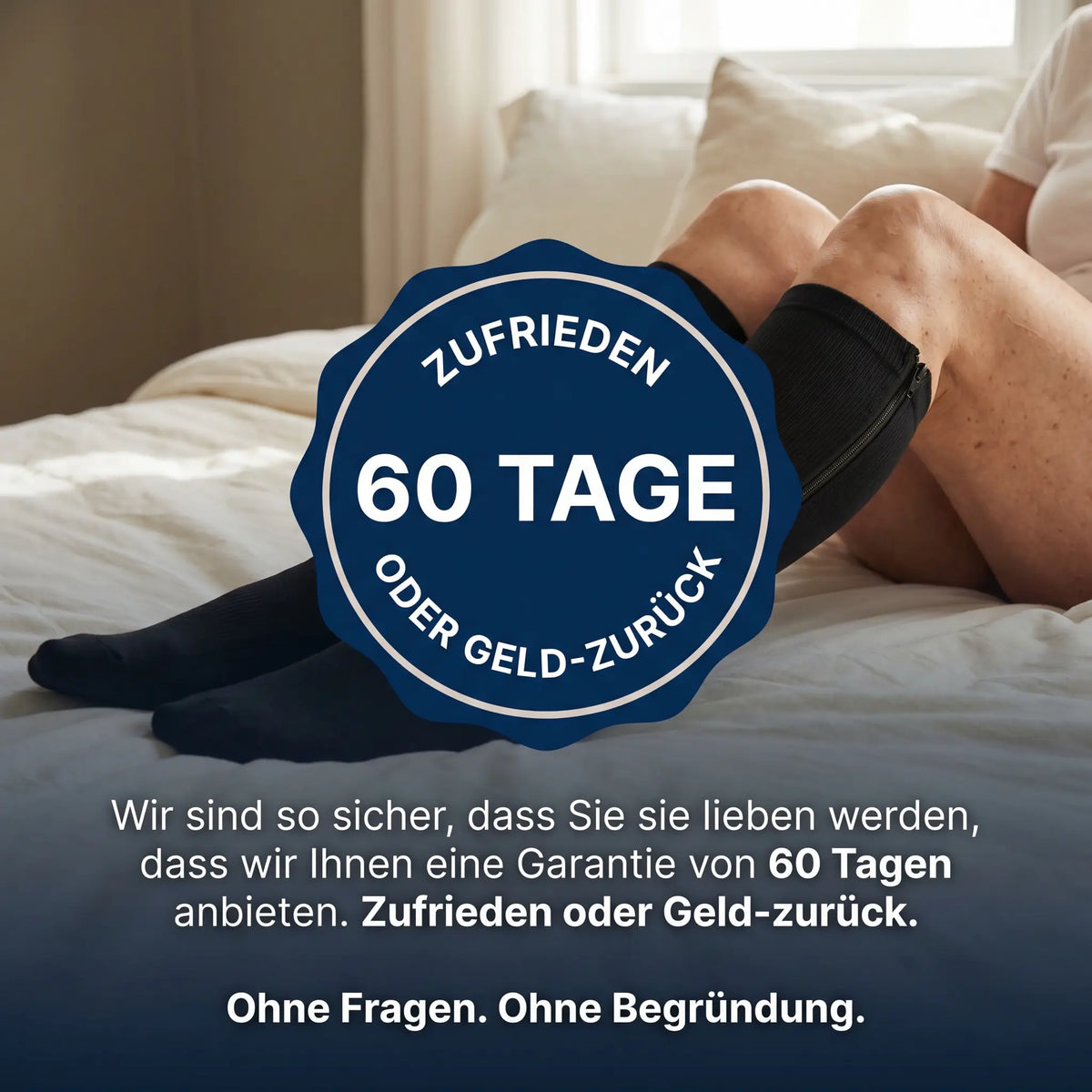 Person im Bett mit schwarzen Strümpfen, darüber ein Siegel für die 60-Tage-Geld-zurück-Garantie 10