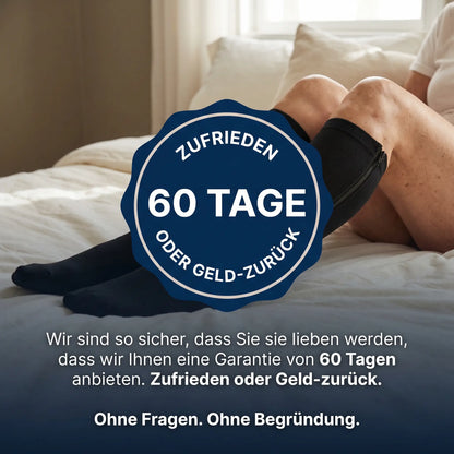 Person im Bett mit schwarzen Strümpfen, darüber ein Siegel für die 60-Tage-Geld-zurück-Garantie 10