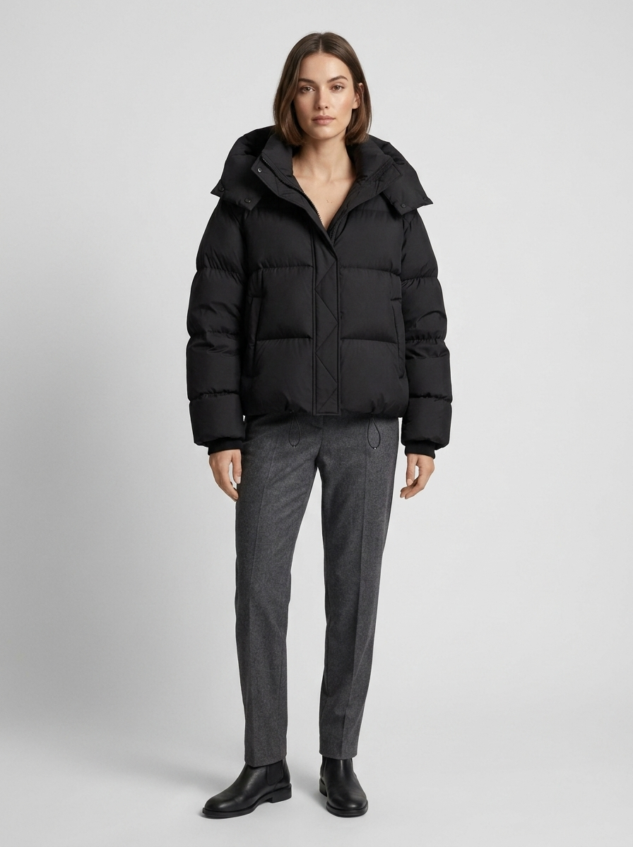 Model trägt die schwarze kurze Steppjacke zu grauer Hose und schwarzen Stiefeletten im Ganzkörperbild 4