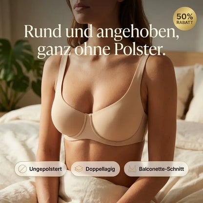 Beiger nahtloser Balconette-BH mit doppellagigen Cups in der Frontansicht