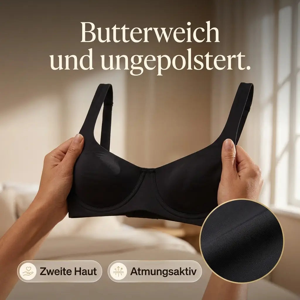Schwarzer BH mit weichem, glattem Material in einer Detailansicht