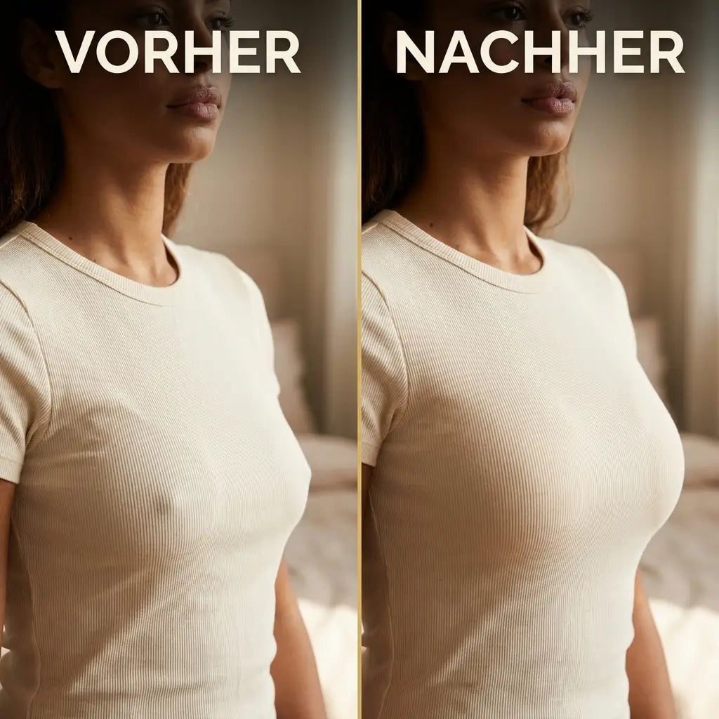 Vorher-Nachher-Vergleich mit beigem Balconette-BH und angehobener Form