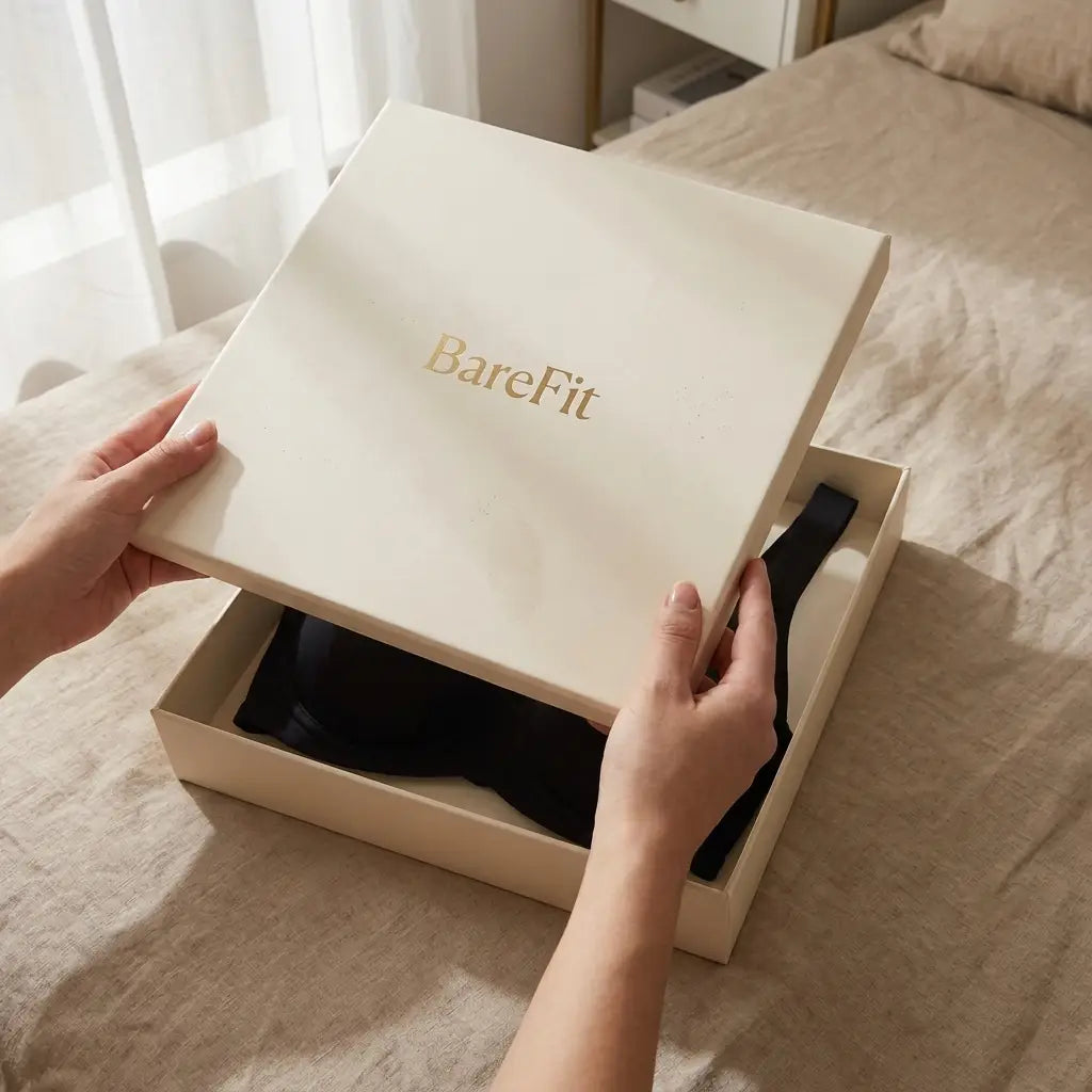 Schwarzer BH in einer cremefarbenen Geschenkbox