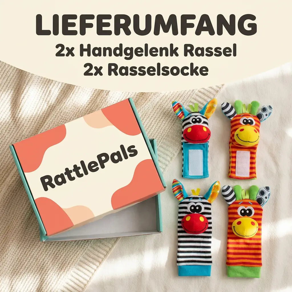 Baby Hand und Fuß Rassel Socken Set als Flat Lay mit geöffnetem Karton und vier Teilen