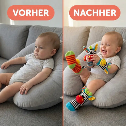 Baby Hand und Fuß Rassel Socken Set mit bunten Rasselsocken und Rasseln an den Armen als Vergleichsbild