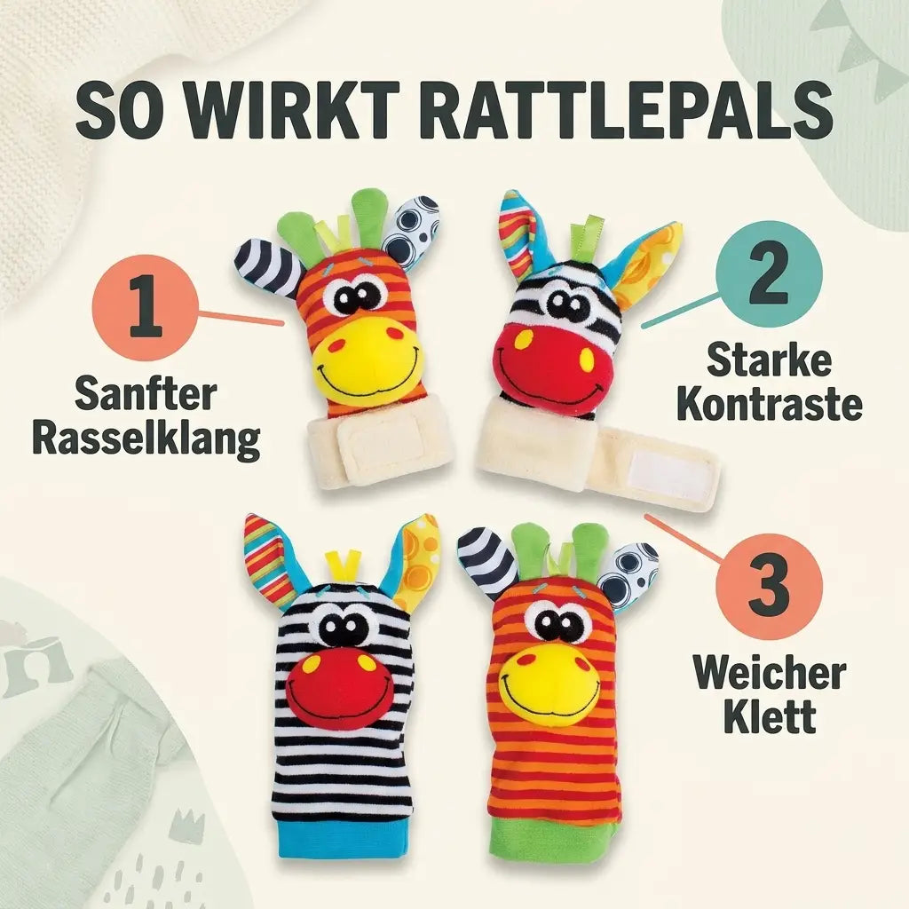 Baby Hand und Fuß Rassel Socken Set mit zwei Handgelenk-Rasseln und zwei Rasselsocken auf hellem Hintergrund
