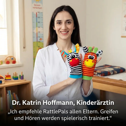 Baby Hand und Fuß Rassel Socken Set mit Zebra- und Giraffengesicht als Detail