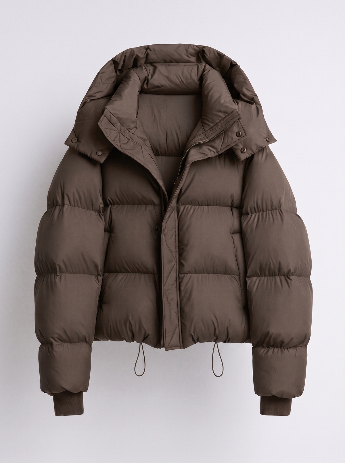 Dunkelbraune Steppjacke mit abnehmbarer Kapuze und elastischen Kordeln am Saum, Vorderansicht 2